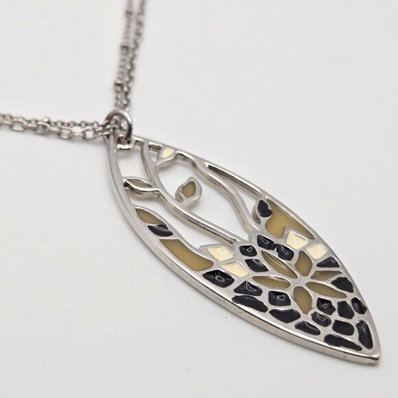 Silvertone Double Chain with Openwork Floral Pendant Resin Mosaic Style Inlay - Picture 3 of 5
